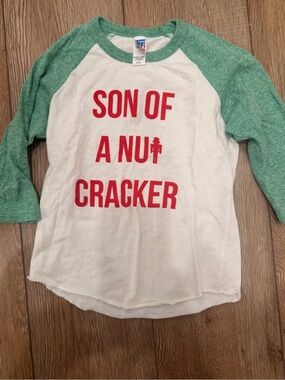 Custom White Tee with Green Raglan Sleeves and Red Text - Christmas Fun